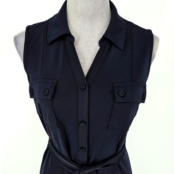Talbots Dress Petites MP PM Navy Blue Stretch Knit Button Front Maxi Belt Career - Picture 8 of 10